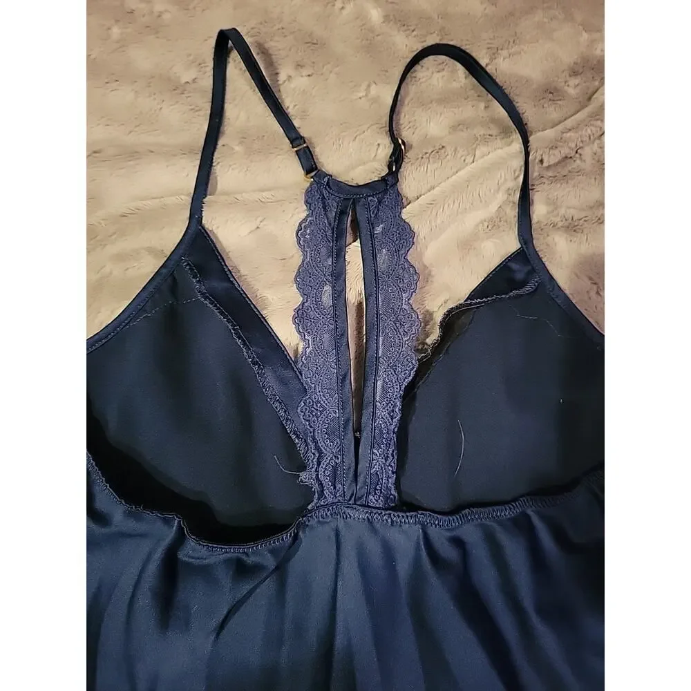 Flora Nikrooz Navy Lace Trim Cami Adjustable Straps Lingerie Top